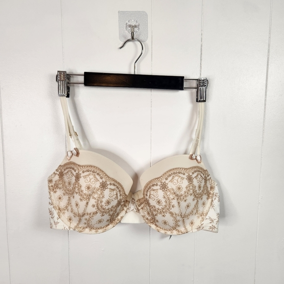 Soma Intimates Lightly Lined Demi Underwire Bra New NWT Gold Lace Beige Size 36D - Picture 1 of 7